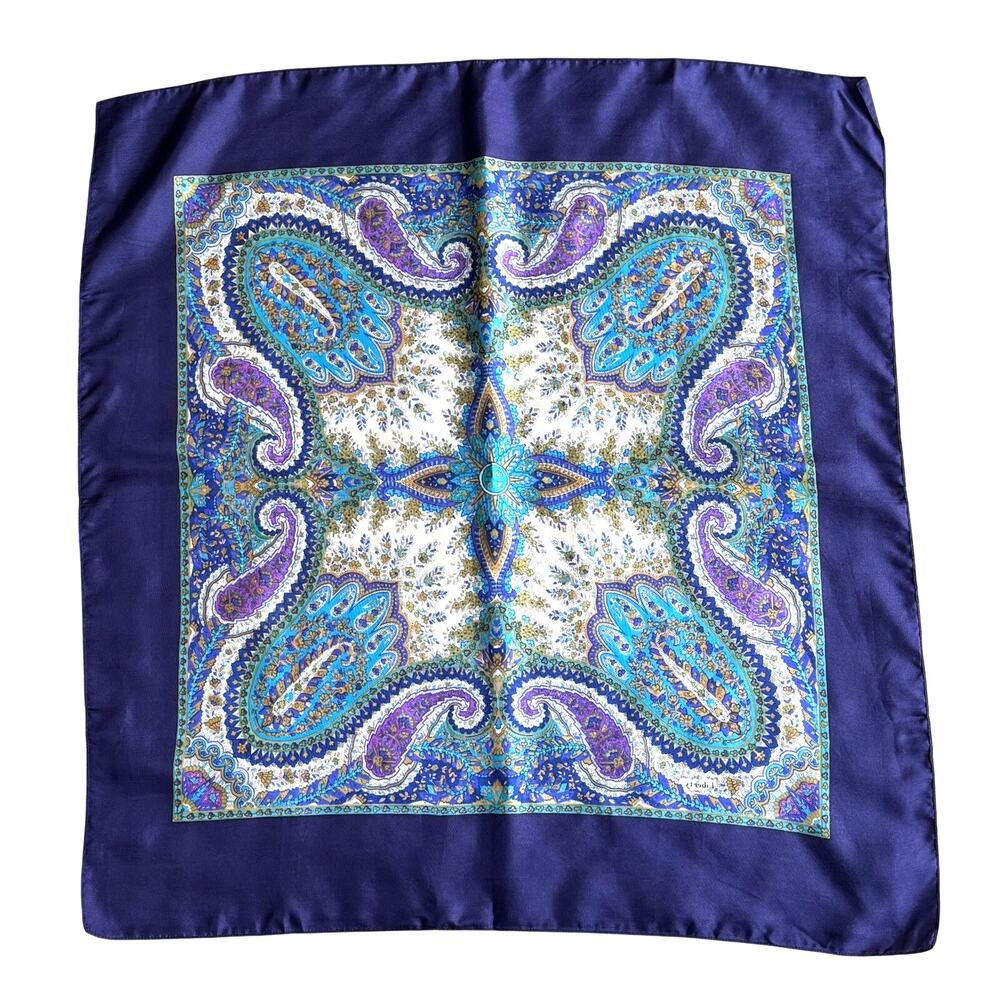 Silky scarf navy & light blue green gold cream paisley vintage mid century chic